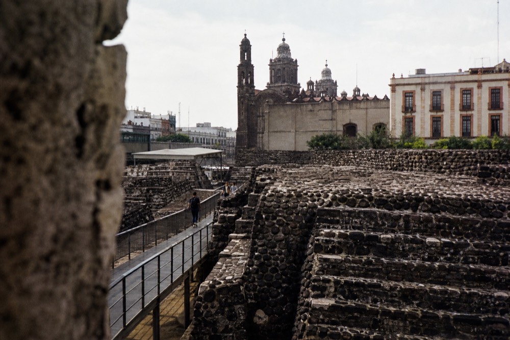 The excavated stone platforms of the Templo Mayor beside the Metropolitan Cathedral in Mexico City
